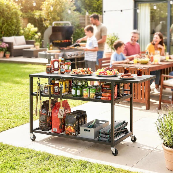 Desserte jardin chariot de barbecue sur roulettes îlot de cuisine avec Plateau Latéral Pliable, Trois Étagères, Crochets et Poinége, 133 x 48,5 x 82 cm, Noir