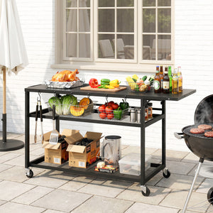 Desserte jardin chariot de barbecue sur roulettes îlot de cuisine avec Plateau Latéral Pliable, Trois Étagères, Crochets et Poinége, 133 x 48,5 x 82 cm, Noir
