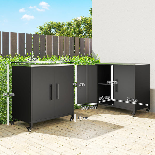 Armoire de jardin en Métal Extérieur, Armoire de Rangement de Jardin avec Toit en Acier Inoxydable et Roulettes, Portes Magnétique et Étagère Amovible, 80 x 50 x 90 cm, Noir