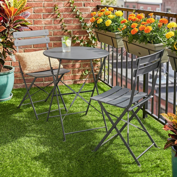 Ensemble de Bistrot Jardin 3 Pièces - Table et 2 Chaises Pliantes en Métal avec Double Protection Anti-Rouille - Petit Salon de Balcon Design pour Terrasse et Extérieur, Gris Anthracite