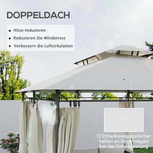 Pavillon 4x3 m, stable et résistant, double toit, 6 côtés, orifices d'évacuation, pavillon de jardin en métal, pour jardin et terrasse, blanc crème