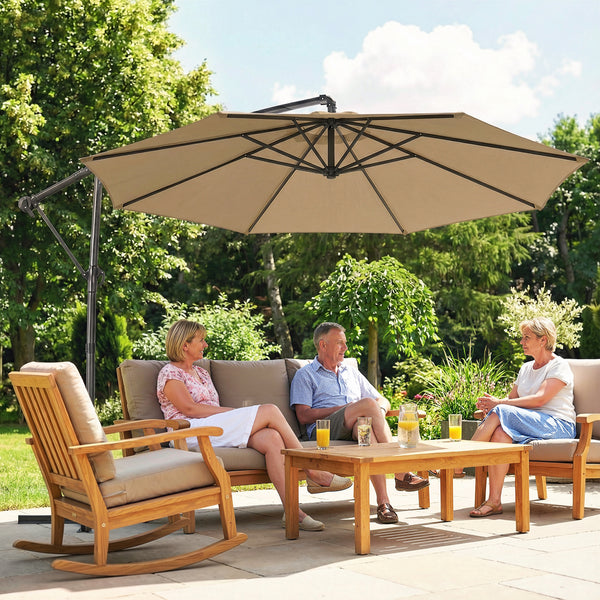 Parasol déporté rond 3 m, parasol de jardin extérieur avec housse de protection, parasol inclinable, manivelle et rotation à 360°, toile polyester 180 g/m², protection UV UPF50+, kaki