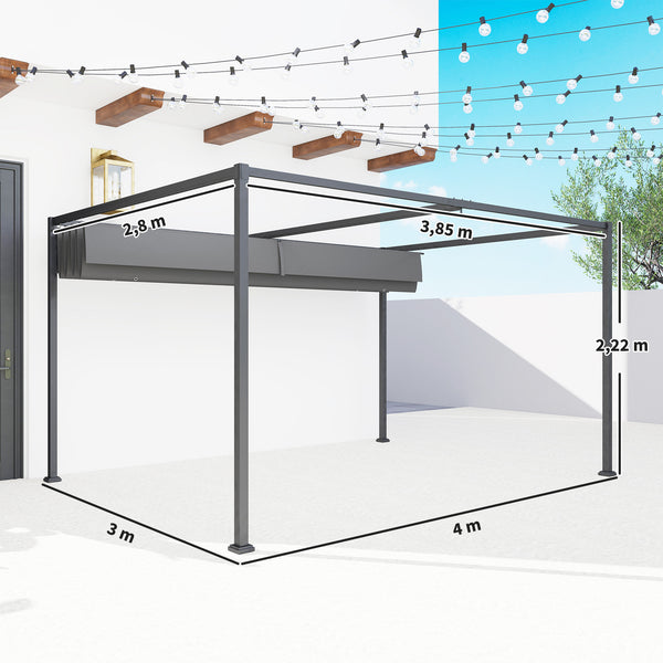 Pergola coulissante pergola rétractable 4 x 3 m structure métal époxy anticorrosion toile polyester haute densité 180 g/m² incluse gris foncé