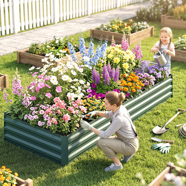Carré Potager en Métal Modulable - Potager Surélevé 241x90,5x30cm en Acier Galvanisé - Jardinière Extérieur Anti-Rouille pour Légumes et Fleurs, Vert Foncé