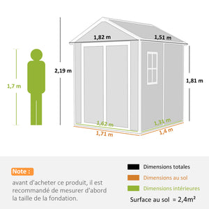 Abri de jardin en résine 2,7 m² avec plancher structure en aluminium 182 x 151 x 219 cm, cabane de jardin cabanon rangement outils portes avec serrure et clés 3 fenêtre, gris