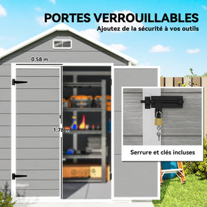 Abri de jardin en résine 2,7 m² avec plancher structure en aluminium 182 x 151 x 219 cm, cabane de jardin cabanon rangement outils portes avec serrure et clés 3 fenêtre, gris