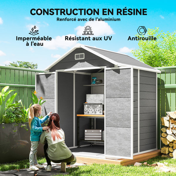 Abri de jardin en résine 2,7 m² avec plancher structure en aluminium 182 x 151 x 219 cm, cabane de jardin cabanon rangement outils portes avec serrure et clés 3 fenêtre, gris