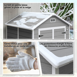 Abri de jardin en résine 2,7 m² avec plancher structure en aluminium 182 x 151 x 219 cm, cabane de jardin cabanon rangement outils portes avec serrure et clés 3 fenêtre, gris
