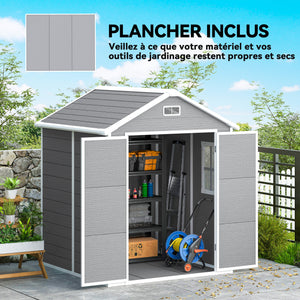 Abri de jardin en résine 2,7 m² avec plancher structure en aluminium 182 x 151 x 219 cm, cabane de jardin cabanon rangement outils portes avec serrure et clés 3 fenêtre, gris