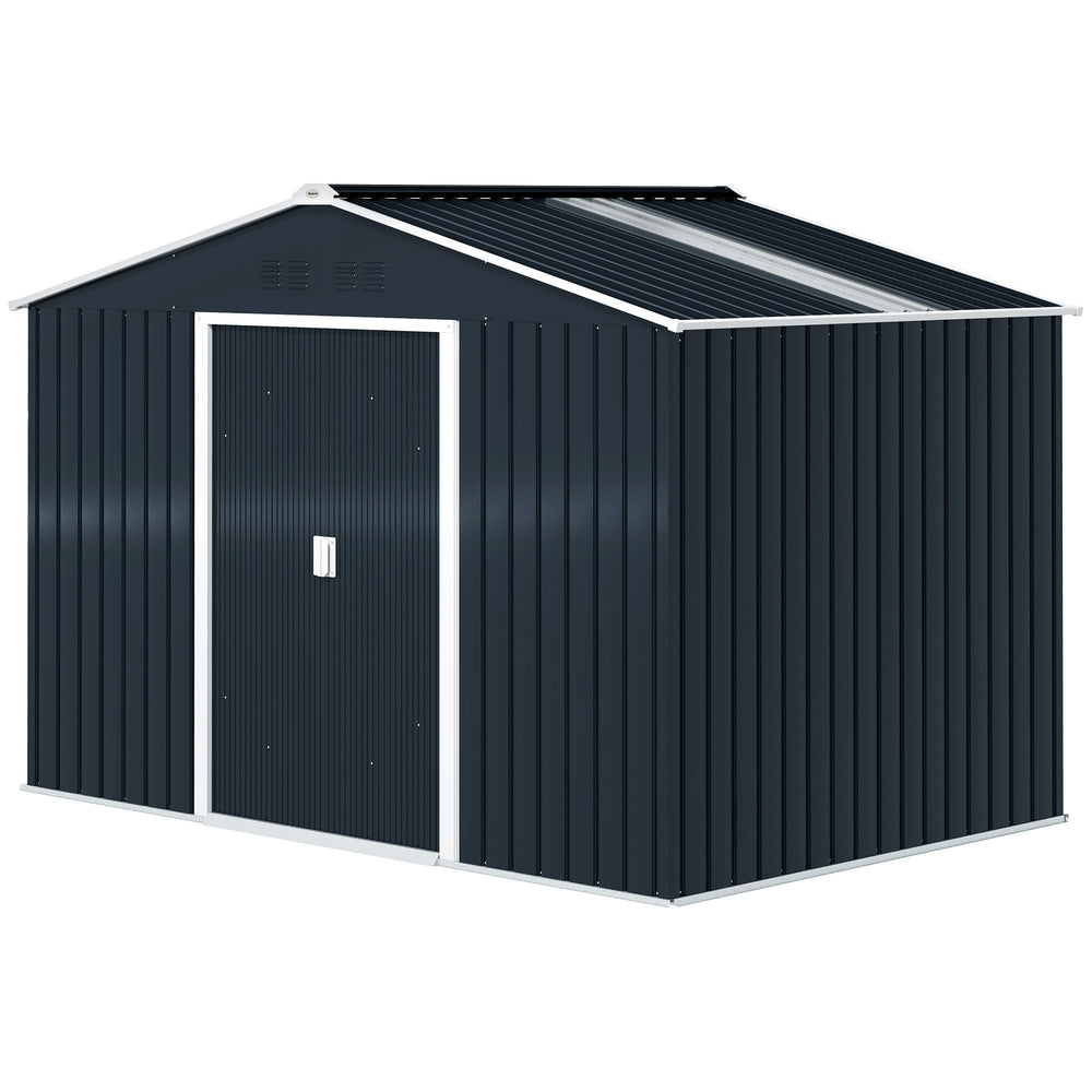 Abri de jardin en acier galvanisé XXL 5,4 m² avec kit de fondation 277x195x192cm, cabane de jardin toit en fibre de verre, cabanon rangement outils portes coulissantes 4 aérations gris foncé