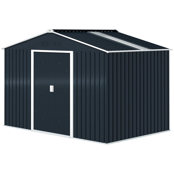 Abri de jardin en acier galvanisé XXL 5,4 m² avec kit de fondation 277x195x192cm, cabane de jardin toit en fibre de verre, cabanon rangement outils portes coulissantes 4 aérations gris foncé
