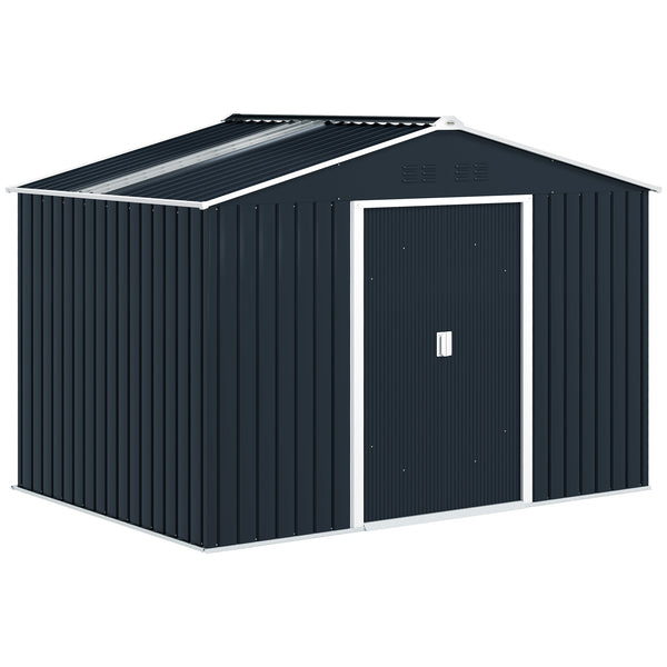 Abri de jardin en acier galvanisé XXL 5,4 m² avec kit de fondation 277x195x192cm, cabane de jardin toit en fibre de verre, cabanon rangement outils portes coulissantes 4 aérations gris foncé