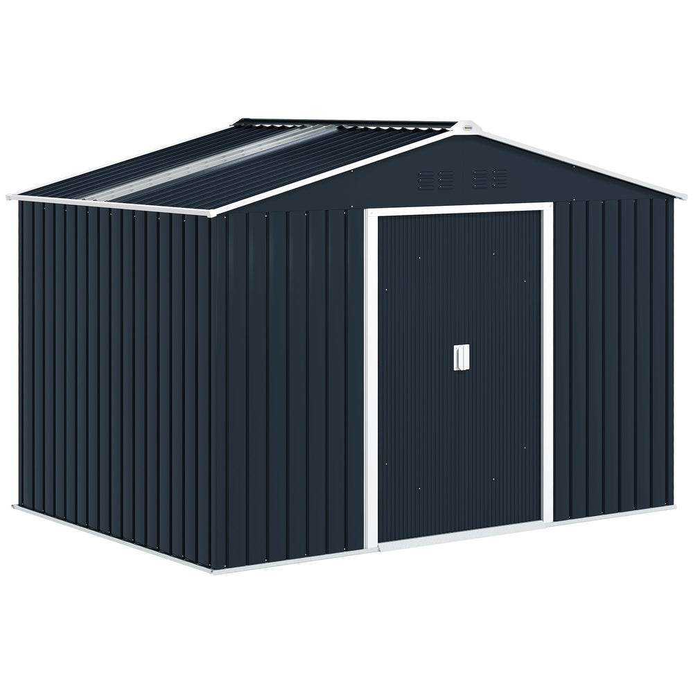Abri de jardin en acier galvanisé XXL 5,4 m² avec kit de fondation 277x195x192cm, cabane de jardin toit en fibre de verre, cabanon rangement outils portes coulissantes 4 aérations gris foncé