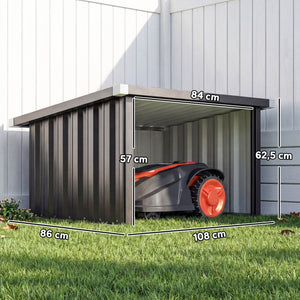 Abri Robot Tondeuse 108 x 86 x 62,5 cm, Garage pour Robot Tondeuse avec Toit Incliné en Acier Galvanisé, pour Tondeuse Robot, Montage Facile, Gris Foncé