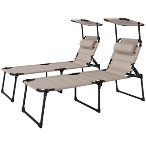 Lot de 2 Bains de soleil transats pliables grand confort dossier pare-soleil réglables multi-positions, kaki