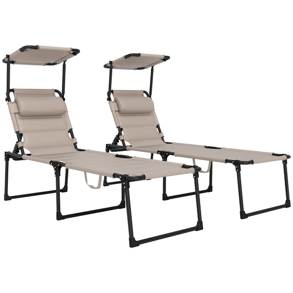 Lot de 2 Bains de soleil transats pliables grand confort dossier pare-soleil réglables multi-positions, kaki