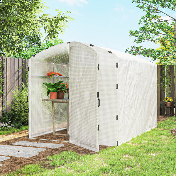 Serre tunnel de jardin 6m², serre de jardin tunnel 300x200x195cm bâche PE 220g/m², bords prolongés 50 cm, avec porte, pour extérieur, toutes saisons, légumes, fruits, fleurs, blanc