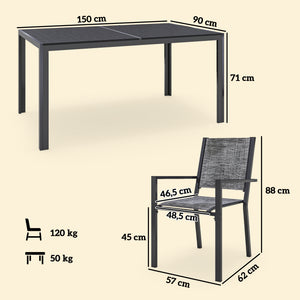 Salon de jardin extérieur 7 pièces, table de jardin extérieure avec 6 chaises empilables, plateau à lattes 150 cm, structure en acier anti-rouille, mobilier de jardin, terrasse, patio, noir