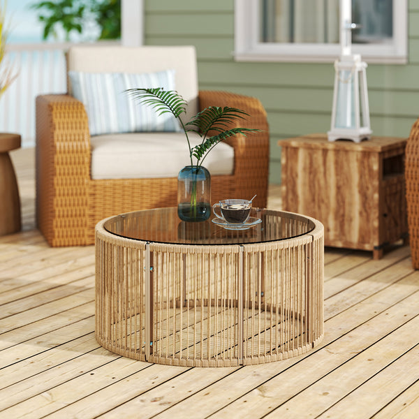 Table Basse de Jardin Ronde en Résine Tressée, Table d'Appoint avec Plateau en Verre Trempé et Cadre en Acier Galvanisé pour Patio, Jardin, Salon, 70x70x33cm, Marron