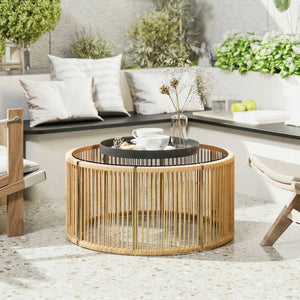 Table Basse de Jardin Ronde en Résine Tressée, Table d'Appoint avec Plateau en Verre Trempé et Cadre en Acier Galvanisé pour Patio, Jardin, Salon, 70x70x33cm, Marron