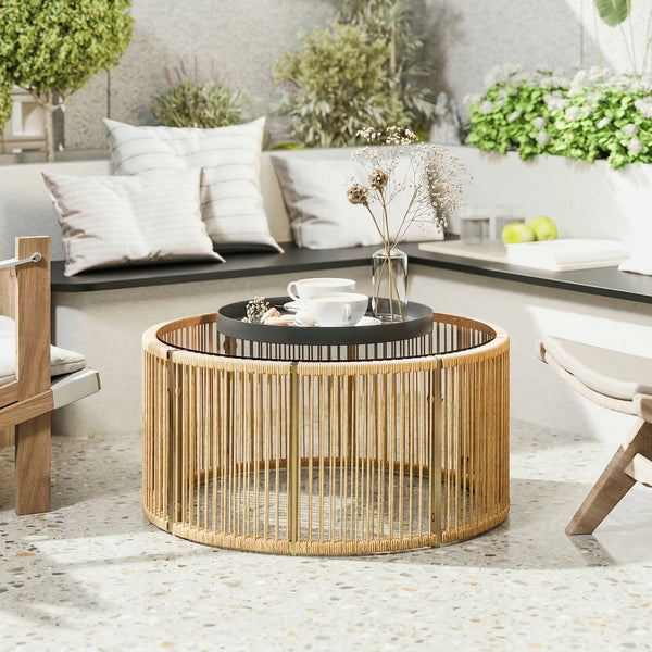 Table Basse de Jardin Ronde en Résine Tressée, Table d'Appoint avec Plateau en Verre Trempé et Cadre en Acier Galvanisé pour Patio, Jardin, Salon, 70x70x33cm, Marron