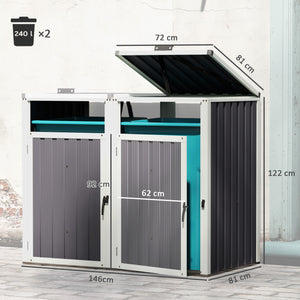 Abri pour 2 poubelles 240L, cache poubelle extérieur, portes avec poignées, couvercles relevables à 180°, acier galvanisé, 146 x 81 x 122 cm, gris foncé