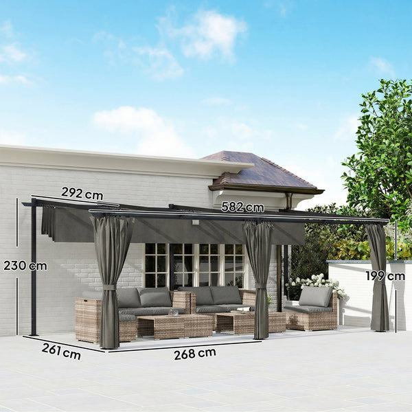 Pergola rétractable 3 x 6 m avec rideaux latéraux, tonnelle de jardin en métal avec protection solaire UPF30+, abri pour terrasse, patio, gris foncé