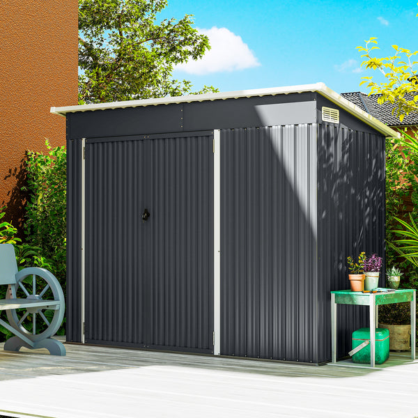 Abri de jardin en métal, cabane de jardin extérieure 234 x 132 x 185 cm, triple porte verrouillable, toit incliné, aérations et gants, cabanon rangement outils en acier galvanisé, gris foncé