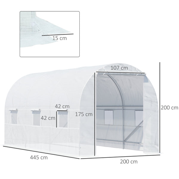 Serre tunnel de jardin 9m², serre de jardin tunnel 445x200x200cm avec porte et 6 fenêtres, pour extérieur, toutes saisons, légumes, fruits, fleurs, bâche PE haute densité 140 g/m² blanc