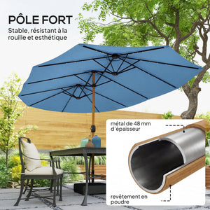 Parasol de jardin double 5 x 3 m, parasol de jardin extérieur avec base incluse, manivelle, polyester 180g/m², protection UV, pour patio, terrasse, bleu