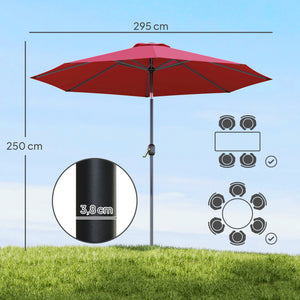 Parasol de jardin extérieur Parasol droit inclinable Ø 3 m en métal Rond Polyester 180g/m² manivelle inclinable Bordeaux