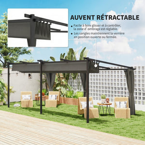 Pergola rétractable 3 x 6 m avec rideaux latéraux, tonnelle de jardin en métal avec protection solaire UPF30+, abri pour terrasse, patio, gris foncé
