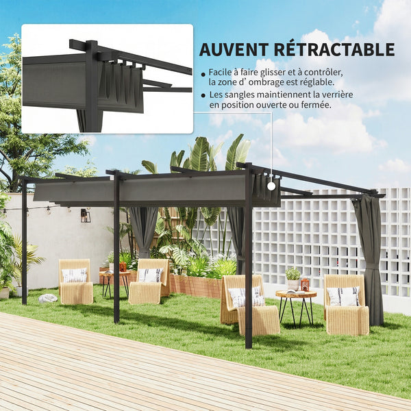 Pergola rétractable 3 x 6 m avec rideaux latéraux, tonnelle de jardin en métal avec protection solaire UPF30+, abri pour terrasse, patio, gris foncé