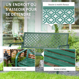 Banc de jardin, banc extérieur jardin en acier, avec dossier à motif floral, accoudoirs, pour 2 personnes, pour jardin, balcon, charge max. 240 kg, vert foncé
