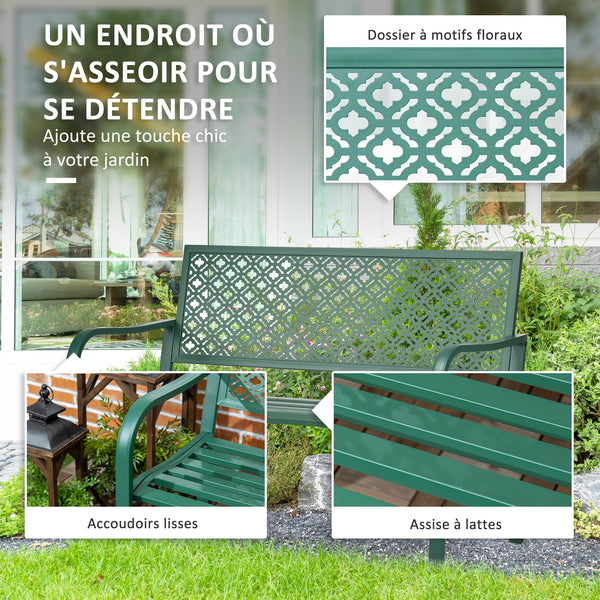 Banc de jardin, banc extérieur jardin en acier, avec dossier à motif floral, accoudoirs, pour 2 personnes, pour jardin, balcon, charge max. 240 kg, vert foncé