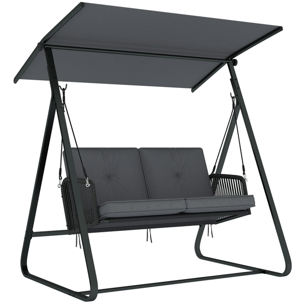 Balancelle de Jardin 2 Places en Résine Tressée, Balançoire Extérieure avec Toit Réglable et Coussin Épais, Cadre en Acier, Charge 240 kg, pour Balcon, Jardin, Terrasse, 150x128x168cm, Gris