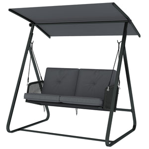 Balancelle de Jardin 2 Places en Résine Tressée, Balançoire Extérieure avec Toit Réglable et Coussin Épais, Cadre en Acier, Charge 240 kg, pour Balcon, Jardin, Terrasse, 150x128x168cm, Gris