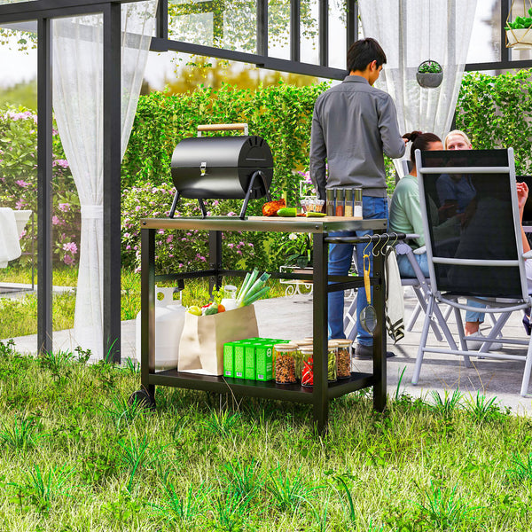 Desserte plancha extérieure avec plan de travail en acier inoxydable, chariot de barbecue avec étagère, desserte de jardin avec crochets, porte-serviettes, 2 roues, 102x50x81cm, gris charbon