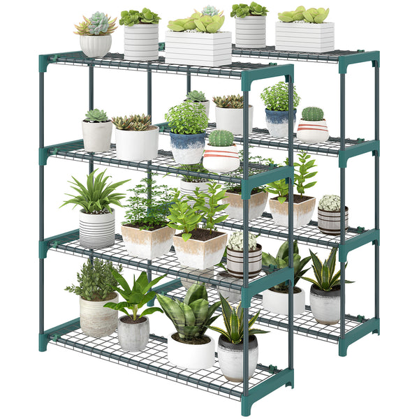 Lot de 2 Étagères à Plantes 4 Niveaux Intérieur Extérieur, Supports pour Plantes en Métal, Assemblage Facile, Support pour Fleurs et Pots, pour Jardin, Balcon, Patio, 90 x 28 x 104 cm, Vert