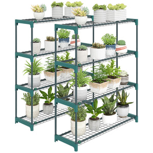 Lot de 2 Étagères à Plantes 4 Niveaux Intérieur Extérieur, Supports pour Plantes en Métal, Assemblage Facile, Support pour Fleurs et Pots, pour Jardin, Balcon, Patio, 90 x 28 x 104 cm, Vert