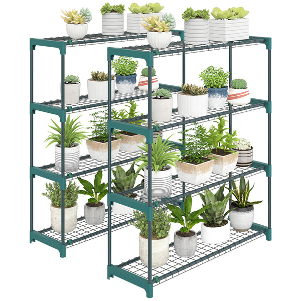 Lot de 2 Étagères à Plantes 4 Niveaux Intérieur Extérieur, Supports pour Plantes en Métal, Assemblage Facile, Support pour Fleurs et Pots, pour Jardin, Balcon, Patio, 90 x 28 x 104 cm, Vert