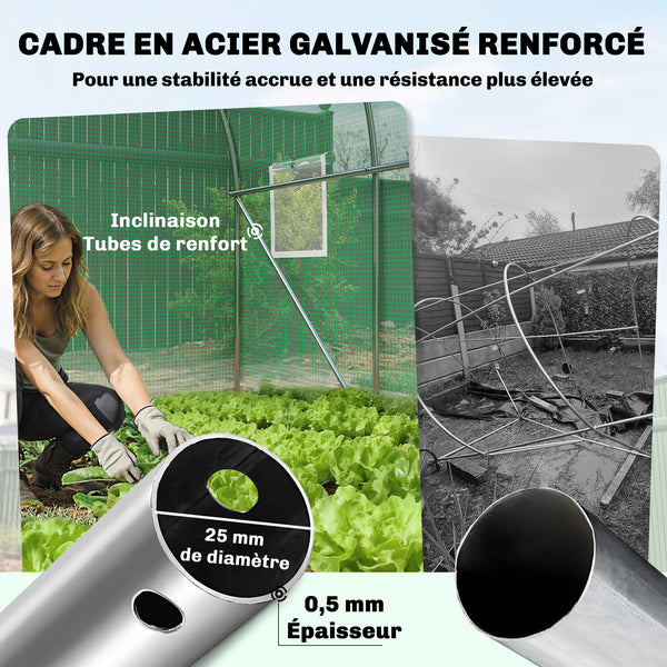 Serre tunnel de jardin 6m², serre de jardin tunnel 200x300x200cm avec cadre en acier galvanisé, porte et 6 fenêtres, pour extérieur, toutes saisons, bâche PE haute densité 140 g/m² vert