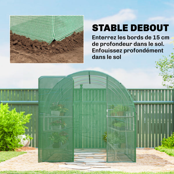 Serre tunnel de jardin 6m², serre de jardin tunnel 200x300x200cm avec cadre en acier galvanisé, porte et 6 fenêtres, pour extérieur, toutes saisons, bâche PE haute densité 140 g/m² vert