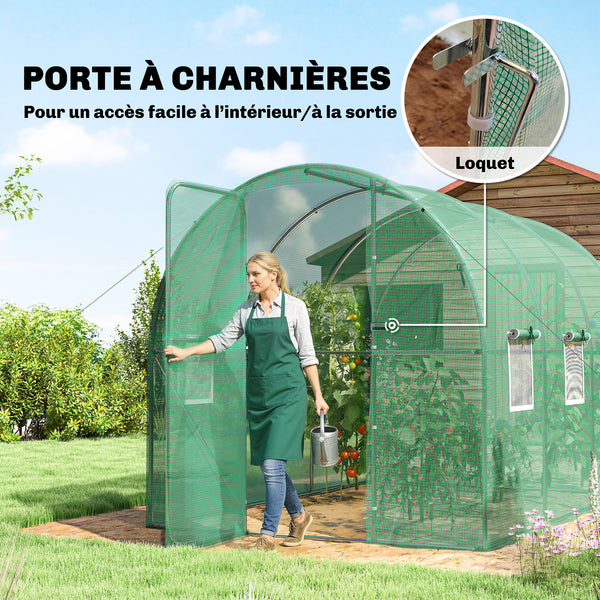 Serre tunnel de jardin 6m², serre de jardin tunnel 200x300x200cm avec cadre en acier galvanisé, porte et 6 fenêtres, pour extérieur, toutes saisons, bâche PE haute densité 140 g/m² vert