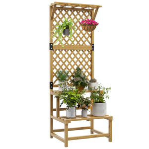 Support plantes intérieur porte plante à deux niveaux avec treillis pour jardin et terrasse en bois massif jaune