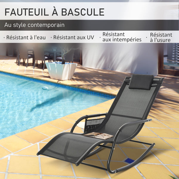 Chaise Longue à Bascule - Rocking Chair Ergonomique - tétière Amovible, accoudoirs, Pochette Rangement - métal époxy textilène Noir
