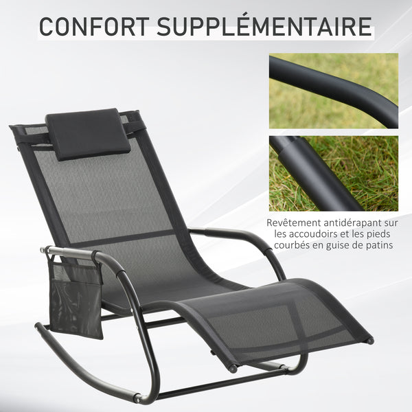 Chaise Longue à Bascule - Rocking Chair Ergonomique - tétière Amovible, accoudoirs, Pochette Rangement - métal époxy textilène Noir