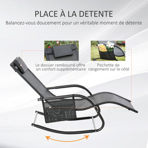 Chaise Longue à Bascule - Rocking Chair Ergonomique - tétière Amovible, accoudoirs, Pochette Rangement - métal époxy textilène Noir