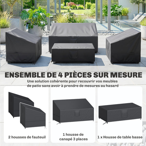 Ensemble de 4 Housses Salon de Jardin Imperméables 420D Tissu Oxford, Bâche de Potection Extérieure avec 6 Évents et Sac de Rangement, pour Table et Canapé, Noir
