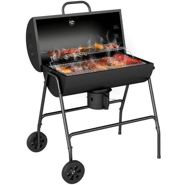 Barbecue au charbon de bois avec couvercle, barbecue charbon de bois grande taille avec grille et thermomètre, BBQ avec roues, poignée, pour jardin, patio, 95 x 71,5 x 102 cm, noir